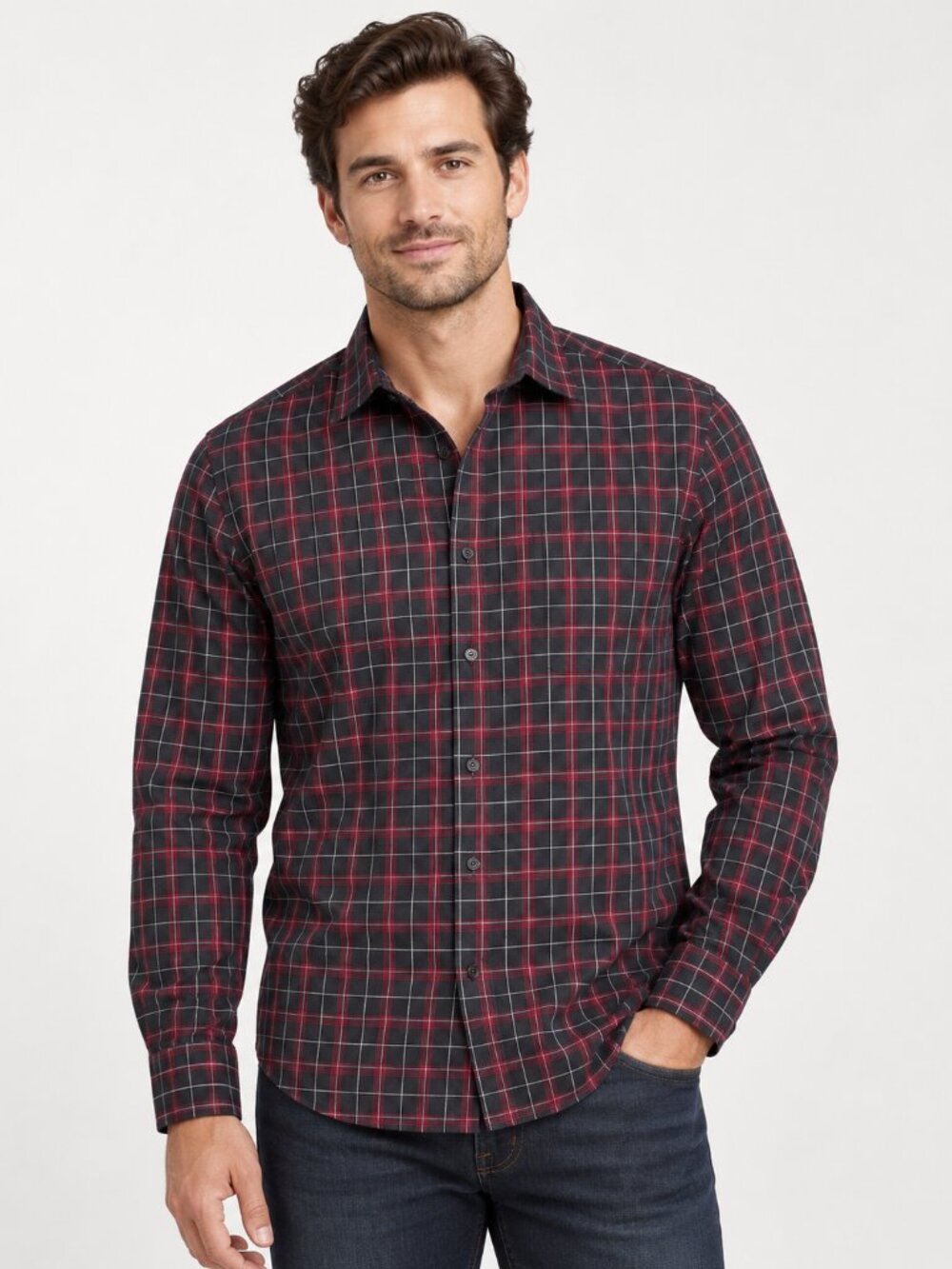 Calvin Klein Men’s Large 16 32/33 Black Burgundy Plaid Button Down Shirt